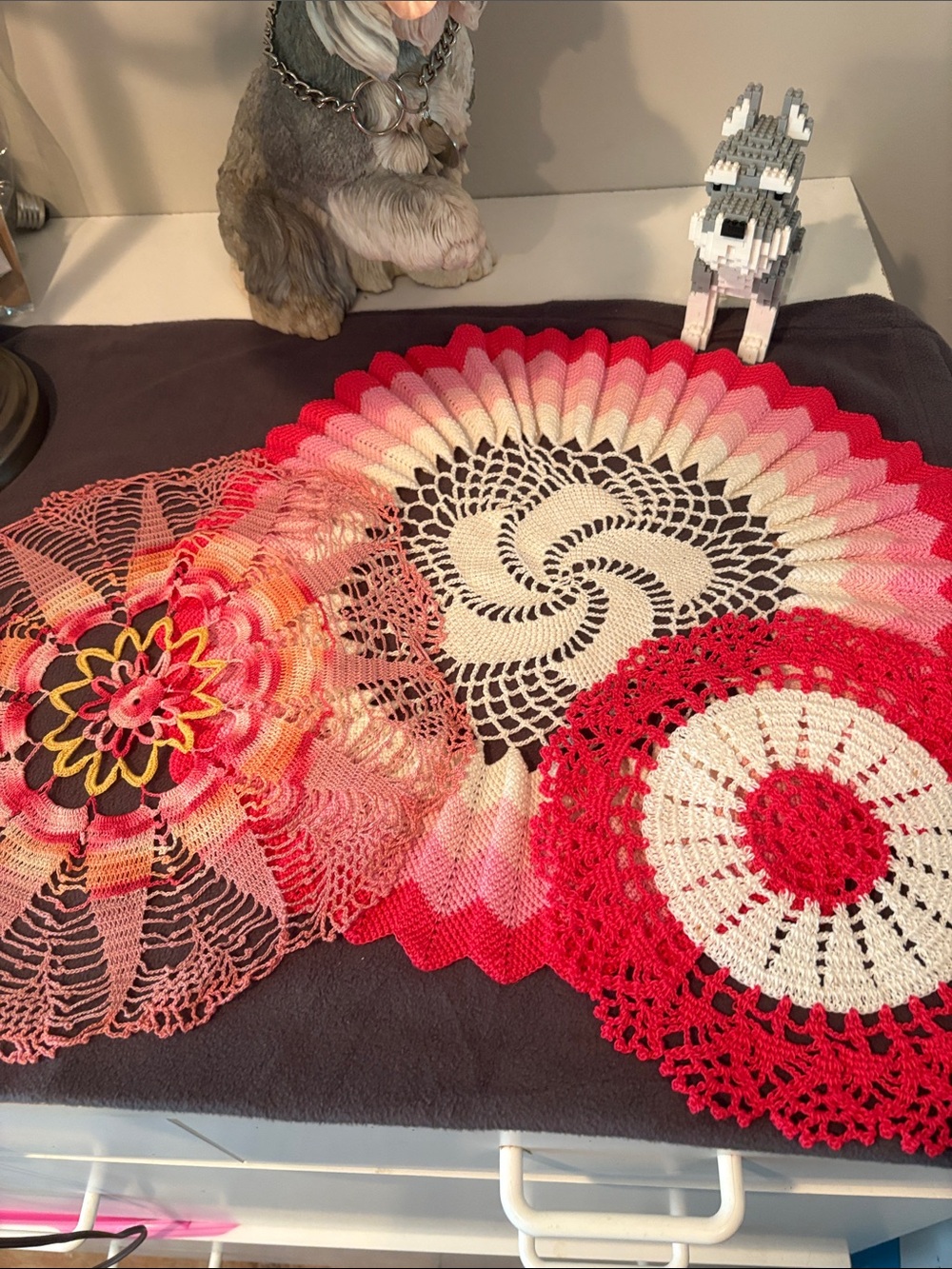 Set of Three Red and Pink Crochet Doilies